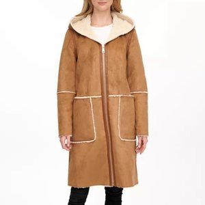 NWT $320 DKNY Hooded Camel Faux-Shearling Coat, Sz XL